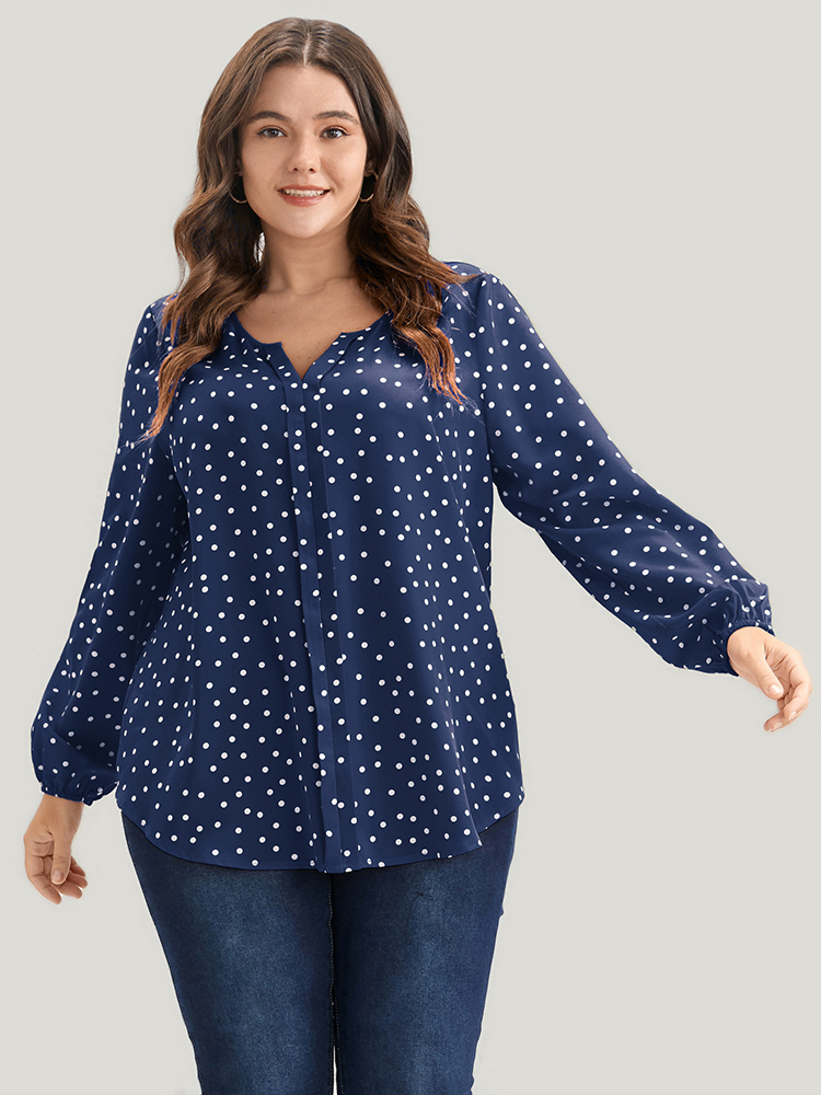 

Plus Size Blue Polka Dot Lantern Sleeve Notched Blouse Women Elegant Long Sleeve V-neck Dailywear Blouses BloomChic