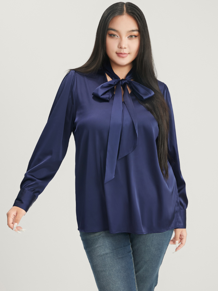 

Plus Size Indigo Solid Knotted V Neck Satin Blouse Women Office Long Sleeve Tie Neck Work Blouses BloomChic