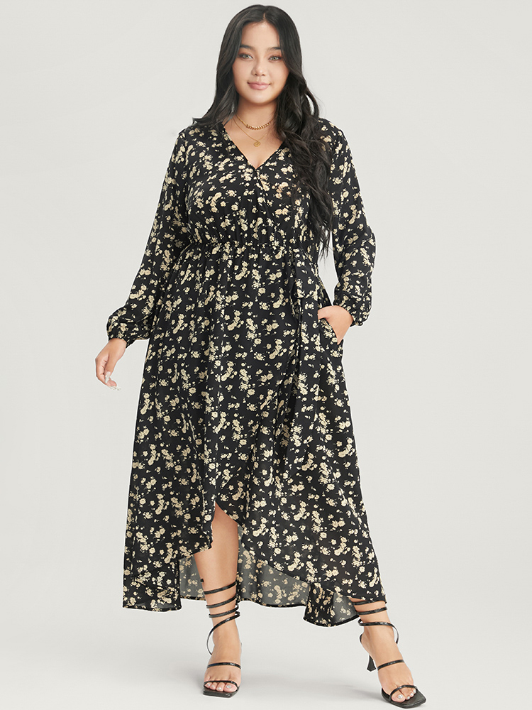 

Plus Size Floral Wrap Lantern Sleeve Pocket Asymmetrical Hem Dress Black Women Elegant Cross straps V-neck Long Sleeve Curvy Long Dress BloomChic