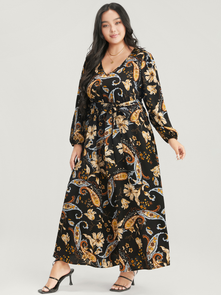 

Plus Size Floral Pocket Lantern Sleeve V Neck Belted Maxi Dress Black Women Elegant Belted V-neck Long Sleeve Curvy Long Dress BloomChic