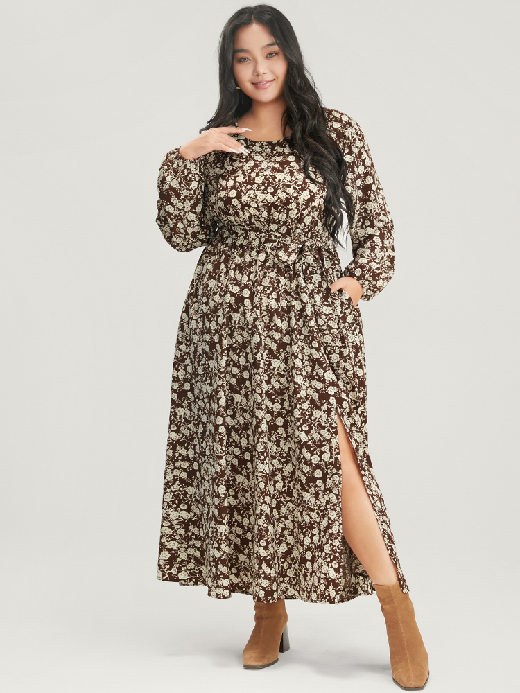 

Plus Size Floral Pocket Lantern Sleeve Belted Split Hem Dress DarkBrown Women Elegant Belted Round Neck Long Sleeve Curvy Long Dress BloomChic