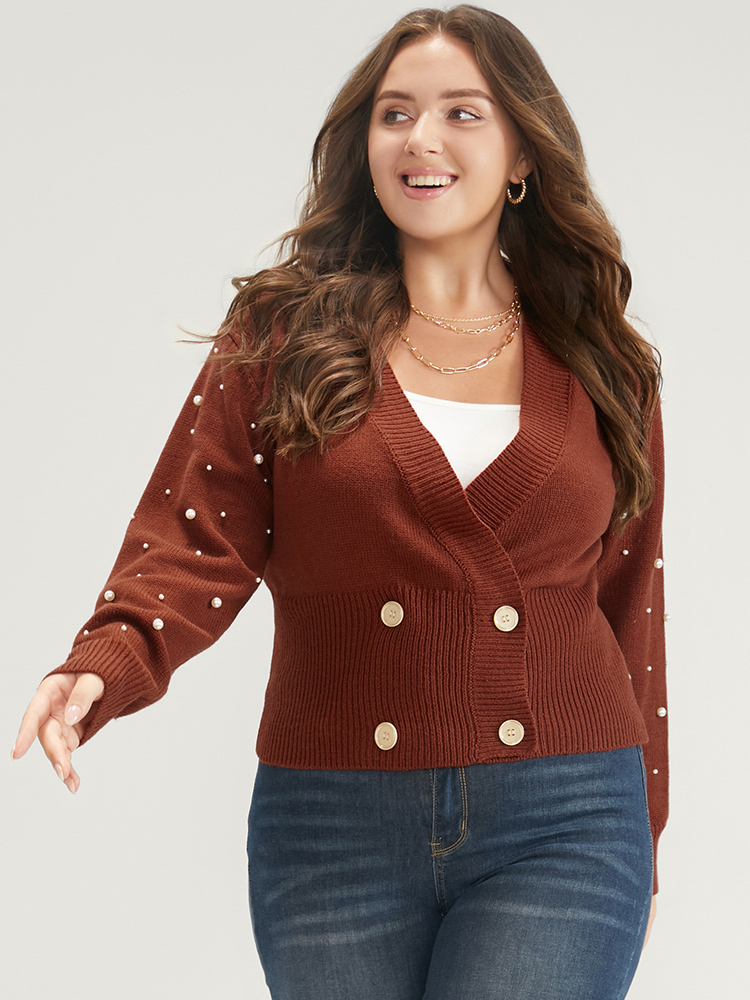 Plus Size Solid Pointelle Knit Pearls Beaded Button Front Knit Top Maroon Women Elegant Long Sleeve Deep V-neck Dailywear Pullovers BloomChic 14-16/1X 