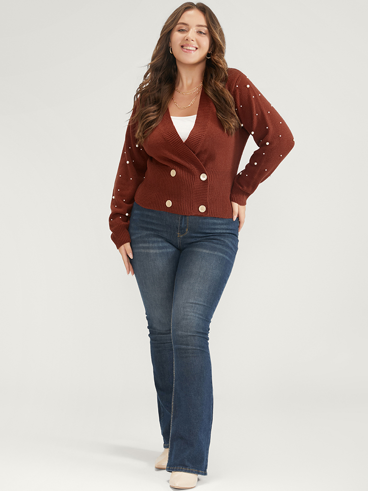 Plus Size Solid Pointelle Knit Pearls Beaded Button Front Knit Top Maroon Women Elegant Long Sleeve Deep V-neck Dailywear Pullovers BloomChic 14-16/1X 