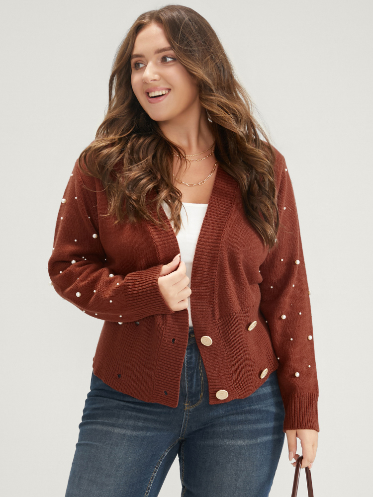 

Plus Size Solid Pointelle Knit Pearls Beaded Button Front Knit Top Maroon Women Elegant Long Sleeve Deep V-neck Dailywear Pullovers BloomChic