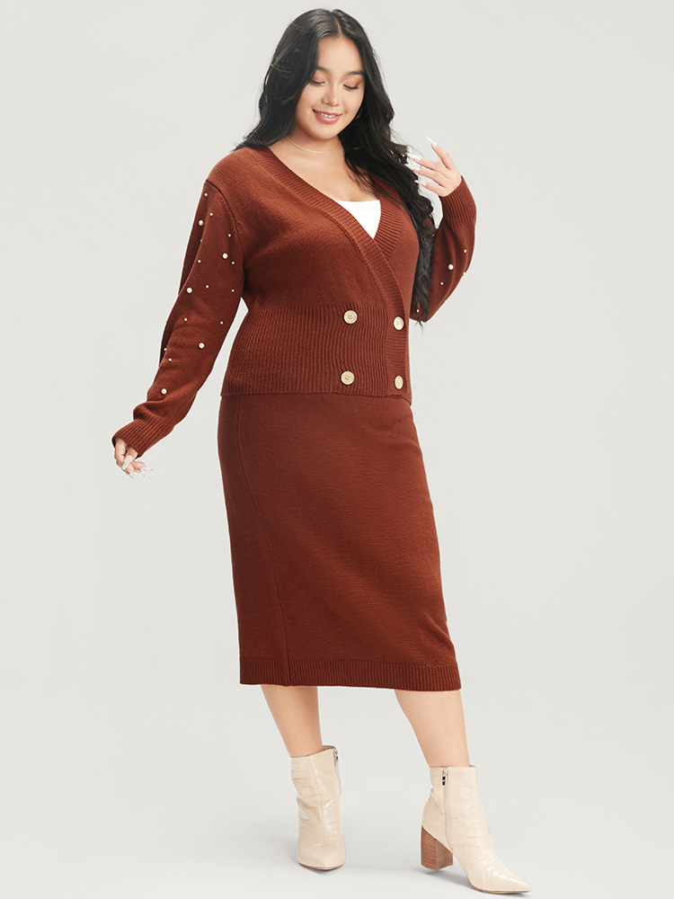 Plus Size Solid Pointelle Knit Pearls Beaded Button Front Knit Top Maroon Women Elegant Long Sleeve Deep V-neck Dailywear Pullovers BloomChic 14-16/1X 
