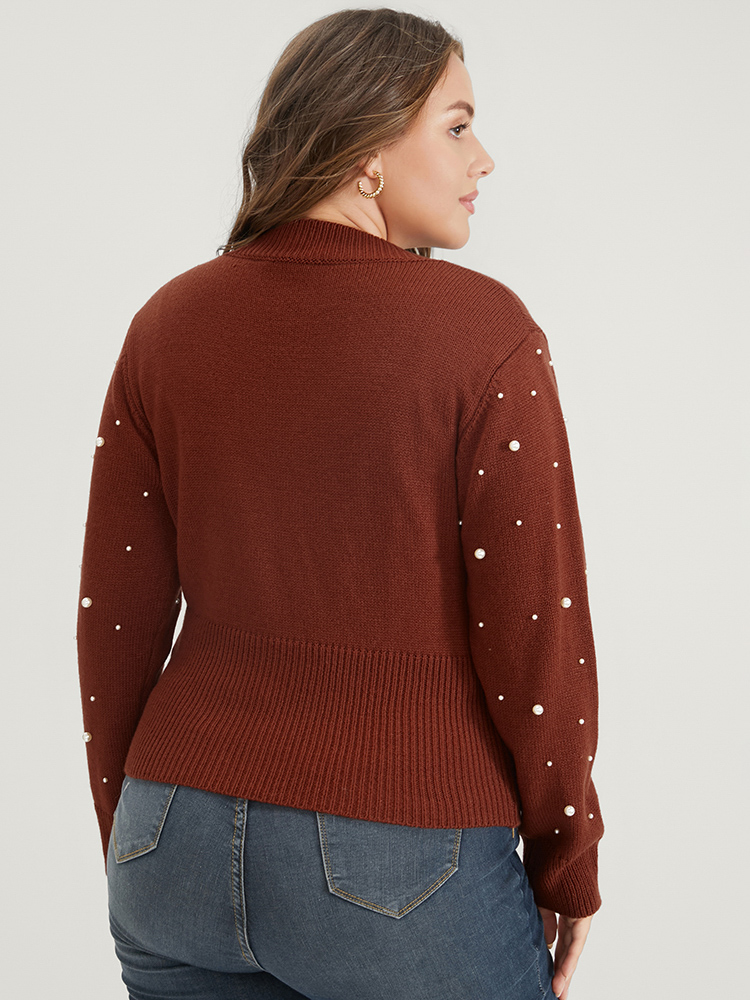 Plus Size Solid Pointelle Knit Pearls Beaded Button Front Knit Top Maroon Women Elegant Long Sleeve Deep V-neck Dailywear Pullovers BloomChic 14-16/1X 