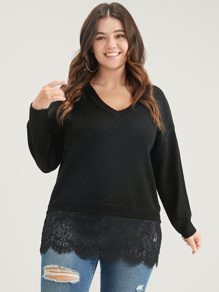 

Plus Size Solid Pointelle Knit V Neck Lace Hem Knit Top Black Women Casual Long Sleeve V-neck Dailywear Pullovers BloomChic