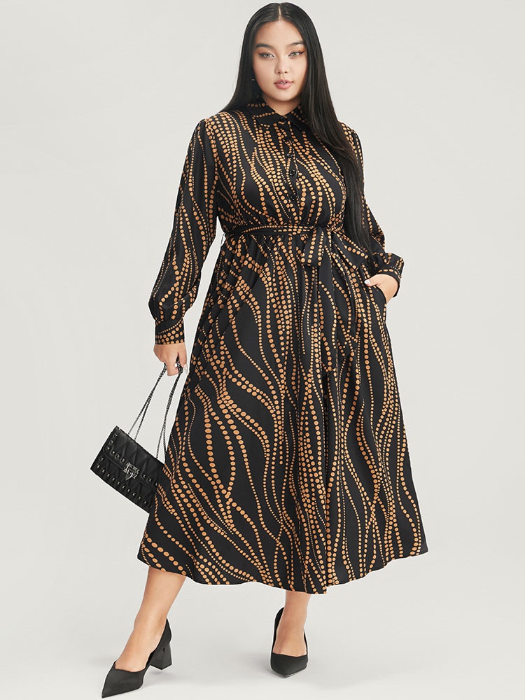 

Plus Size Polka Dot Pocket Button Detail Belted Shirt Collar Dress Black Women Office Pocket Shirt collar Long Sleeve Curvy Midi Dress BloomChic