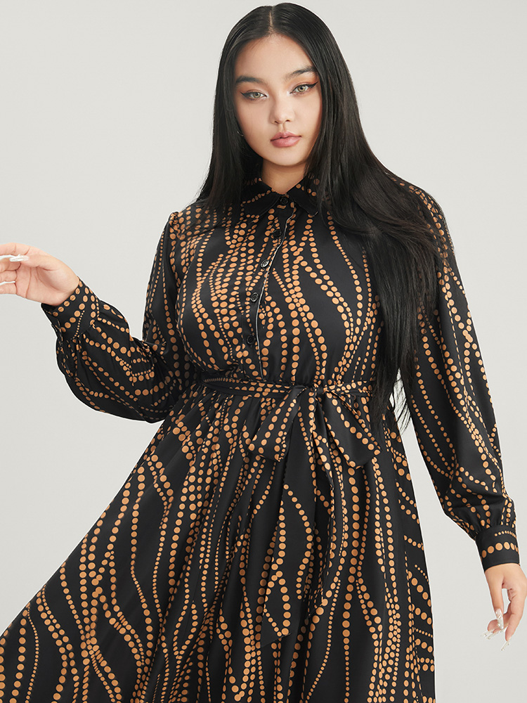 

Plus Size Polka Dot Pocket Button Detail Belted Shirt Collar Dress Black Women Office Pocket Shirt collar Long Sleeve Curvy Midi Dress BloomChic