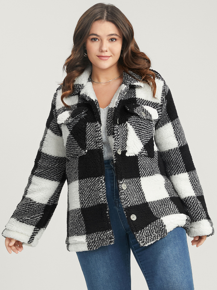 Image of Plus Size Plaid Flap Pocket Button Front Coat Women Black Casual Button Ladies Dailywear Winter Coats BloomChic 10/M