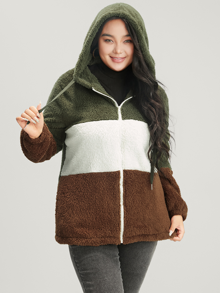 Plus Size Colorblock Contrast Pocket Zip Up Coat Women ArmyGreen Casual Contrast Ladies Dailywear Winter Coats BloomChic 10/M 
