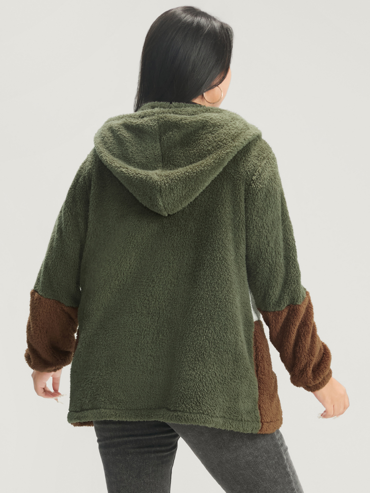 Plus Size Colorblock Contrast Pocket Zip Up Coat Women ArmyGreen Casual Contrast Ladies Dailywear Winter Coats BloomChic 10/M 