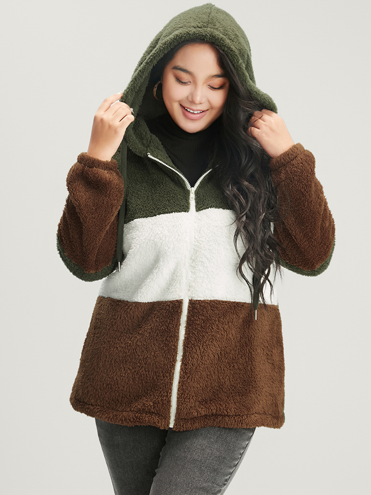 

Plus Size Colorblock Contrast Pocket Zip Up Coat Women ArmyGreen Casual Contrast Ladies Dailywear Winter Coats BloomChic