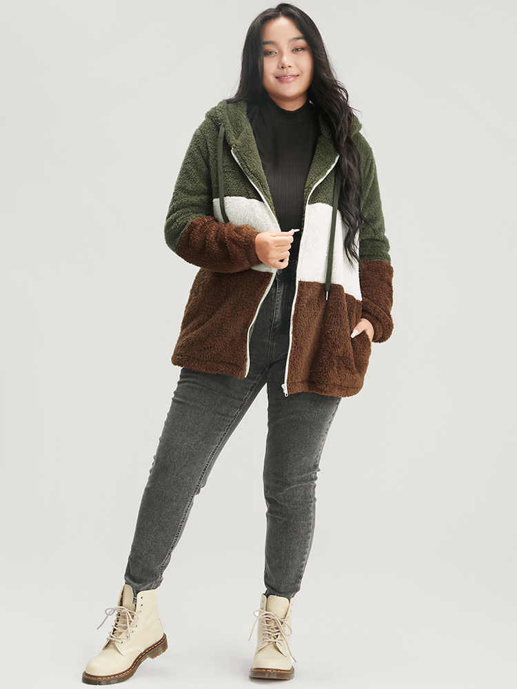 Plus Size Colorblock Contrast Pocket Zip Up Coat Women ArmyGreen Casual Contrast Ladies Dailywear Winter Coats BloomChic 10/M 