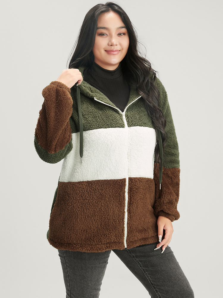 Plus Size Colorblock Contrast Pocket Zip Up Coat Women ArmyGreen Casual Contrast Ladies Dailywear Winter Coats BloomChic 10/M 
