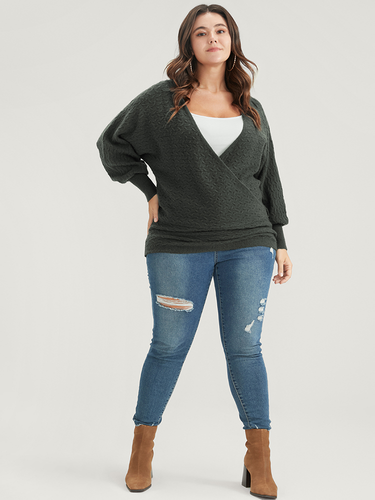 

Plus Size Solid Super Soft Plush Knit Dolman Sleeve Wrap Knit Top ArmyGreen Women Elegant Long Sleeve Deep V-neck Dailywear Pullovers BloomChic