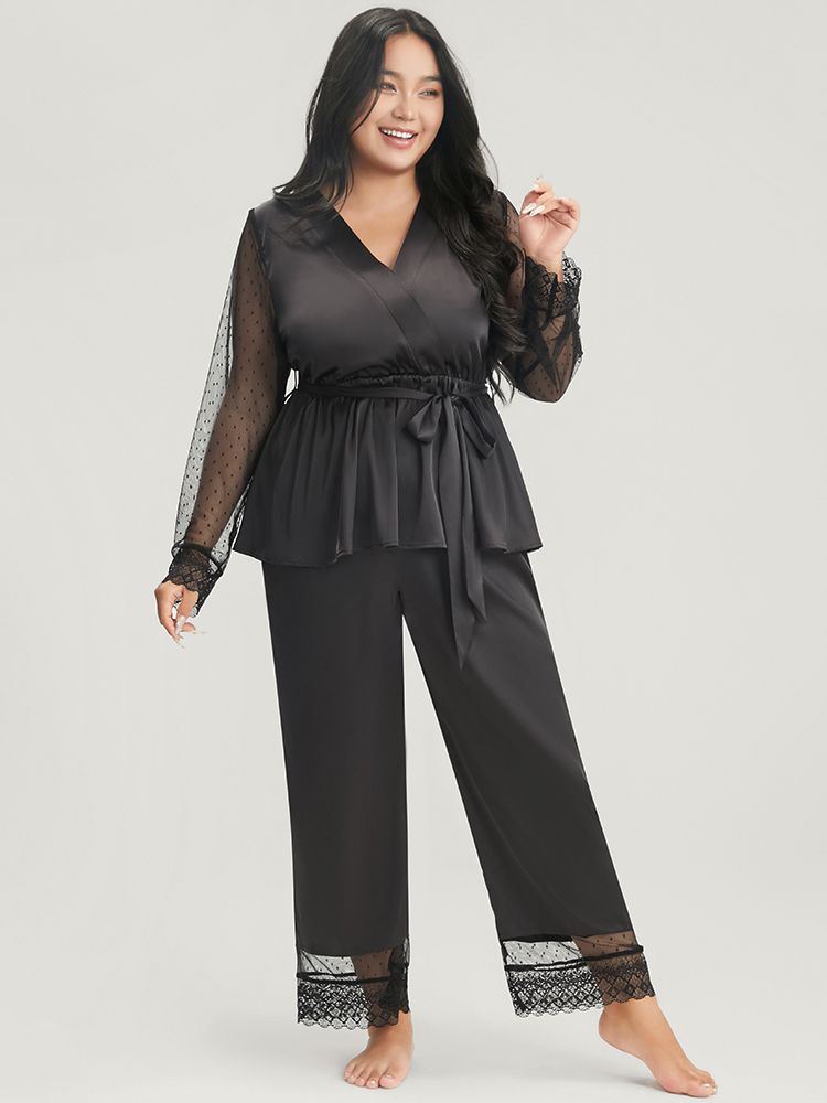 

Plus Size Solid Mesh Lace Wrap Belted Pajama Set Women Black Plain Cross straps Long Sleeve V-neck Elegant Loungewear Sets BloomChic