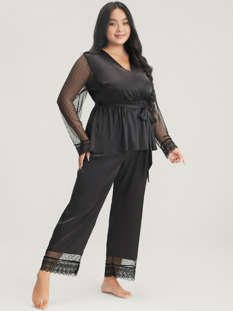 

Plus Size Solid Mesh Lace Wrap Belted Pajama Set Women Black Plain Cross straps Long Sleeve V-neck Elegant Loungewear Sets BloomChic