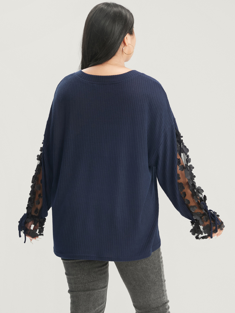 Plus Size Solid Mesh Lantern Sleeve V Neck Rib Knit Sweatshirt Women Indigo Elegant Patchwork V-neck Dailywear Sweatshirts BloomChic 14-16/1X 