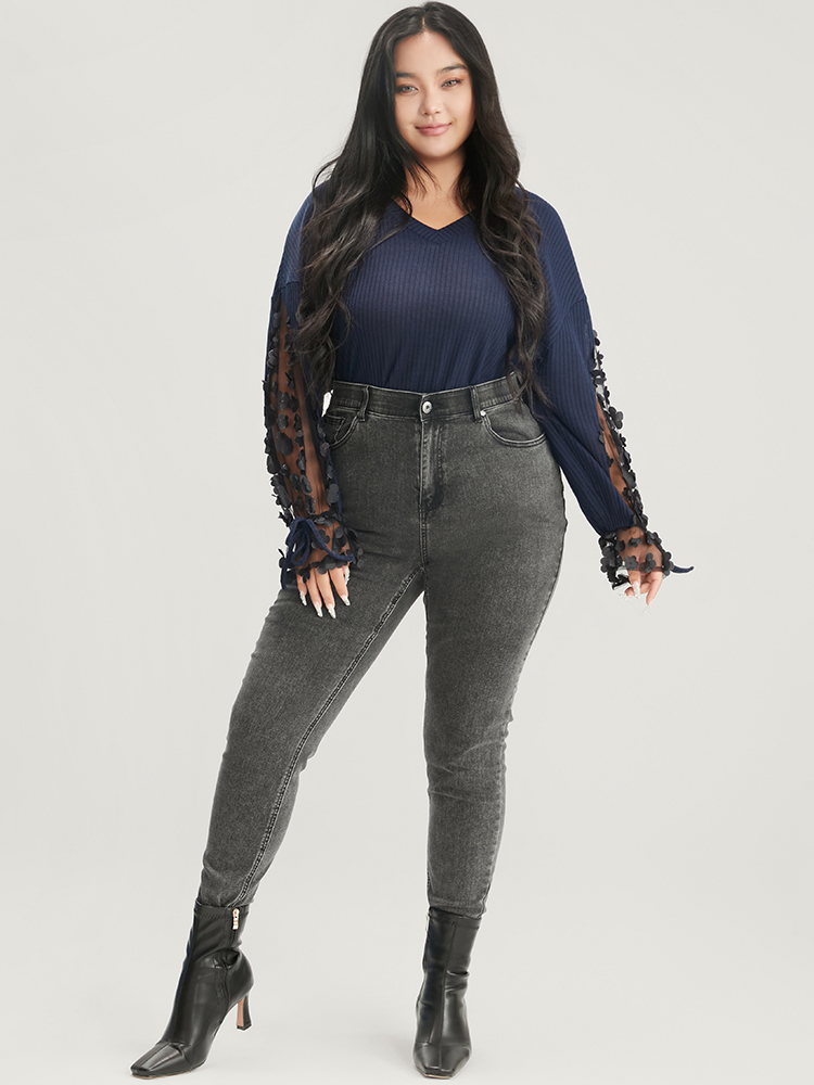 Plus Size Solid Mesh Lantern Sleeve V Neck Rib Knit Sweatshirt Women Indigo Elegant Patchwork V-neck Dailywear Sweatshirts BloomChic 14-16/1X 