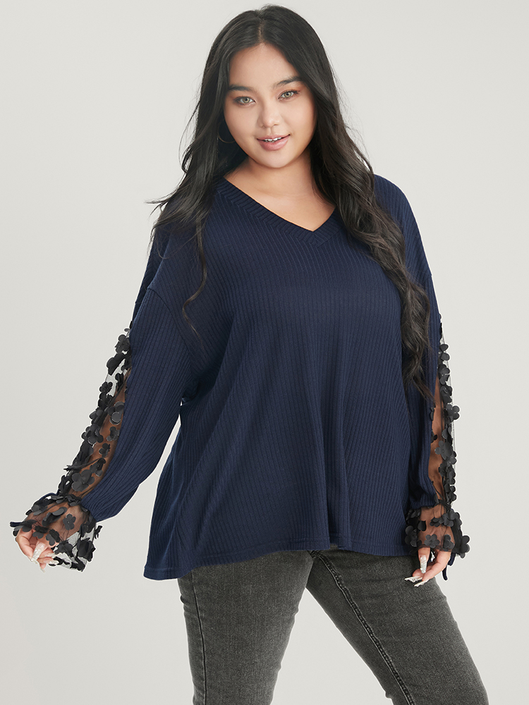 Plus Size Solid Mesh Lantern Sleeve V Neck Rib Knit Sweatshirt Women Indigo Elegant Patchwork V-neck Dailywear Sweatshirts BloomChic 14-16/1X 