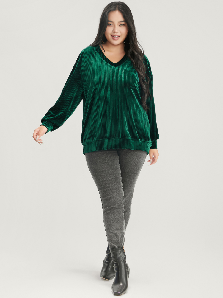 

Plus Size Solid V Neck Rib Knit Velvet Sweatshirt Women DarkGreen Party Plain V-neck Going out Sweatshirts BloomChic