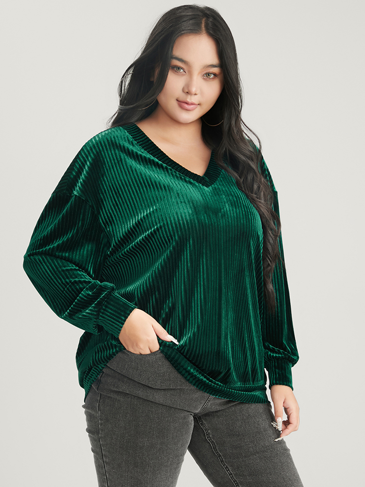 

Plus Size Solid V Neck Rib Knit Velvet Sweatshirt Women DarkGreen Party Plain V-neck Going out Sweatshirts BloomChic