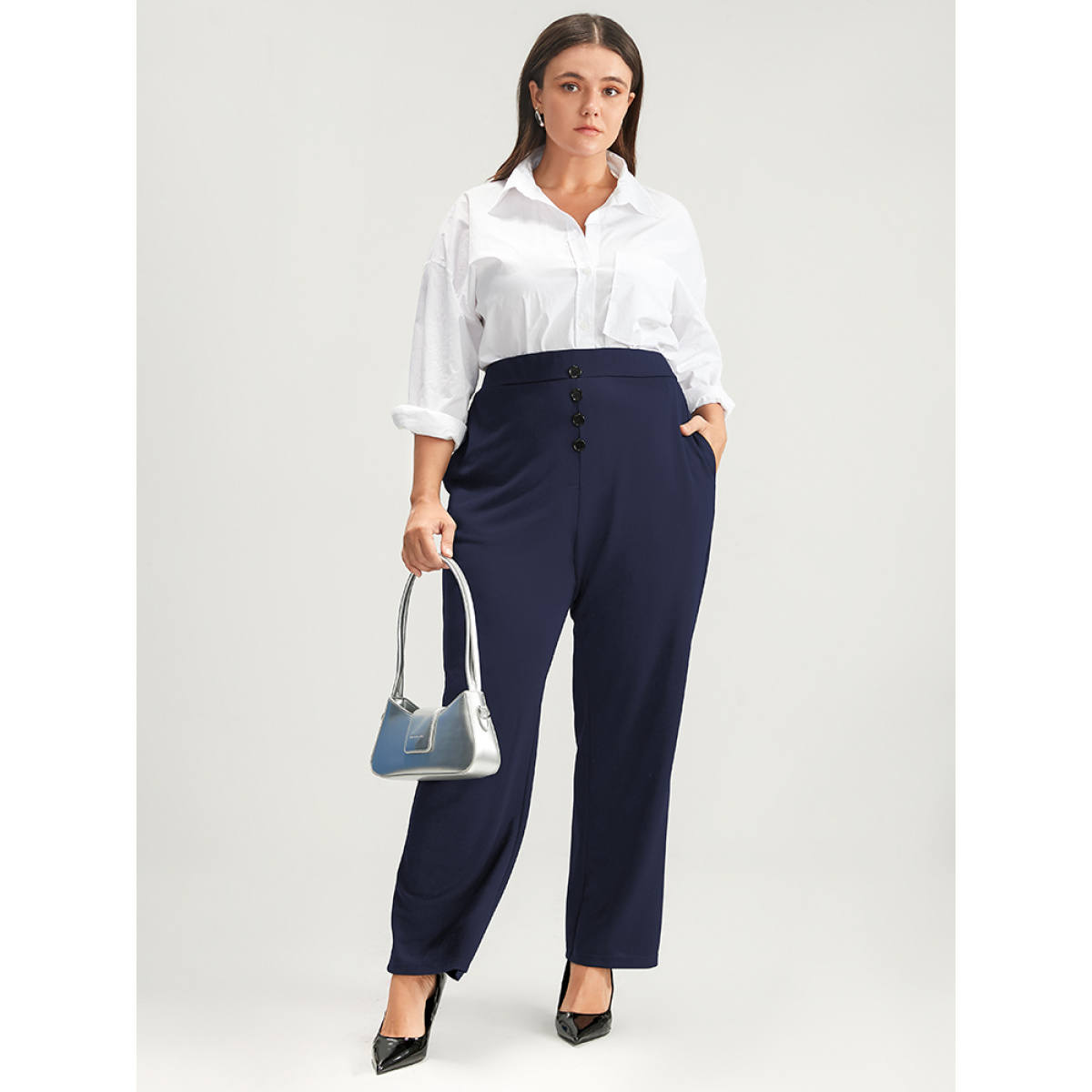 Plus Size Solid Elastic Waist Fake Button Pocket Pants Women Indigo Office High Rise Work Pants BloomChic