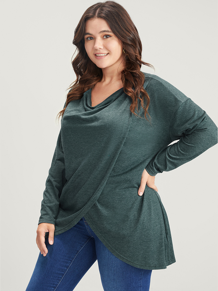 

Plus Size Solid Cowl Neck Asymmetrical Hem Long Tee DarkGreen Cowl Neck Long Sleeve Casual Jersey Tops