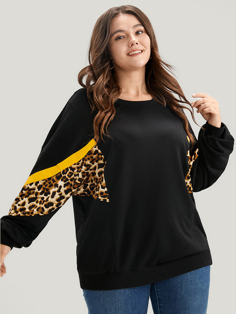 Plus Size Women Dailywear Leopard Contrast Regular Lantern Sleeve Long Sleeve Round Neck Casual Sweatshirts BloomChic 