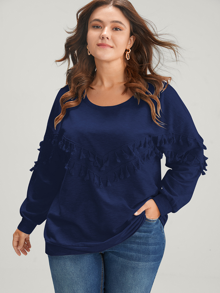 

Plus Size Solid Round Neck Tassels Drop Shoulder Sweatshirt Women DarkBlue Casual Patchwork Round Neck Dailywear Sweatshirts BloomChic