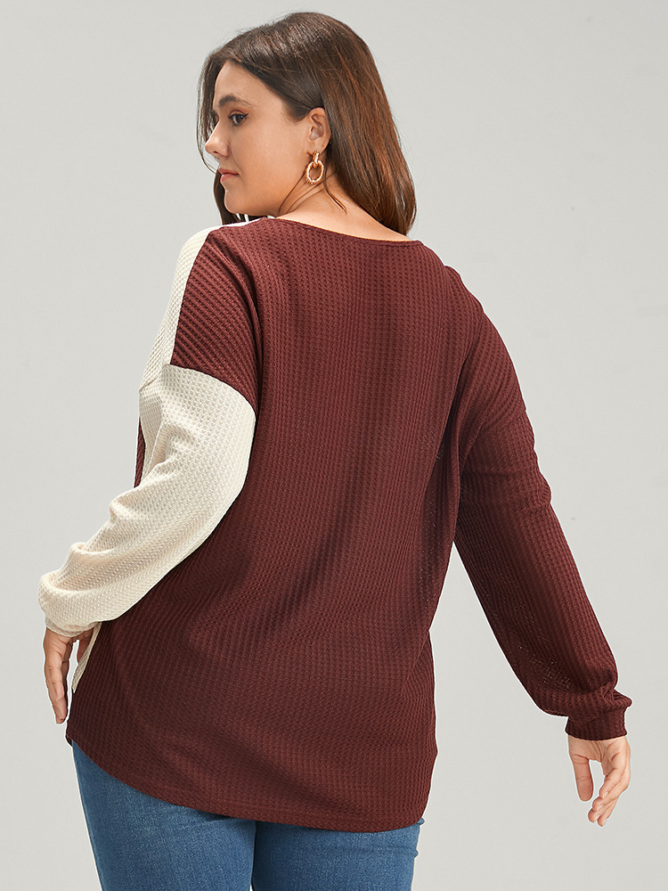 

Plus Size Colorblock Contrast V Neck Waffle Knit Sweatshirt Women Russet Elegant Patchwork V-neck Dailywear Sweatshirts BloomChic