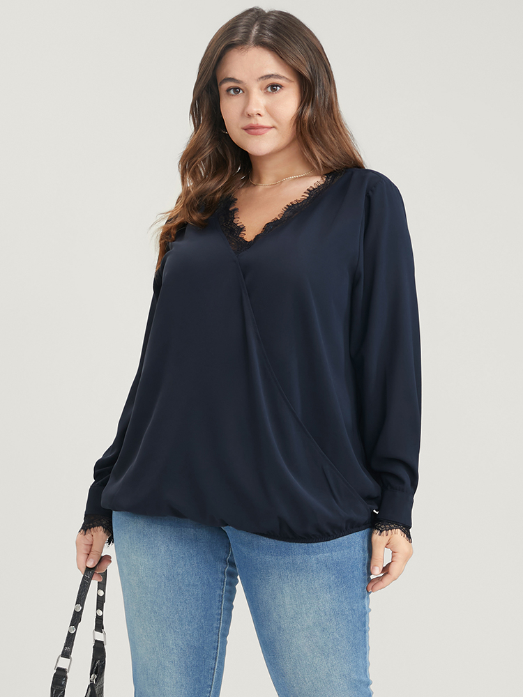 

Plus Size DarkBlue Solid Lace Trim Wrap Blouse Women Elegant Long Sleeve V-neck Dailywear Blouses BloomChic