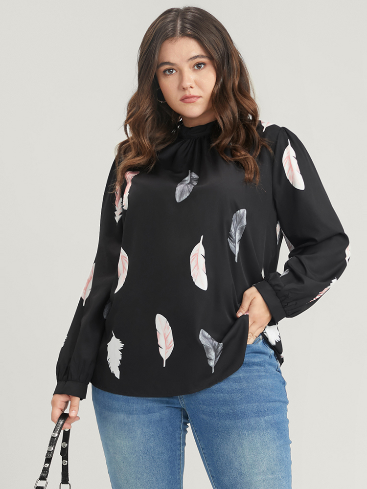 

Plus Size Black Feather Print Mock Neck Lantern Sleeve Blouse Women Elegant Long Sleeve Mock Neck Dailywear Blouses BloomChic