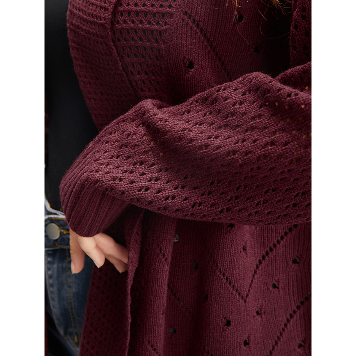 

Plus Size Solid Pointelle Knit Lapel Collar Geometric Crochet Open Front Cardigan Burgundy Women Elegant Loose Long Sleeve Dailywear Cardigans BloomChic