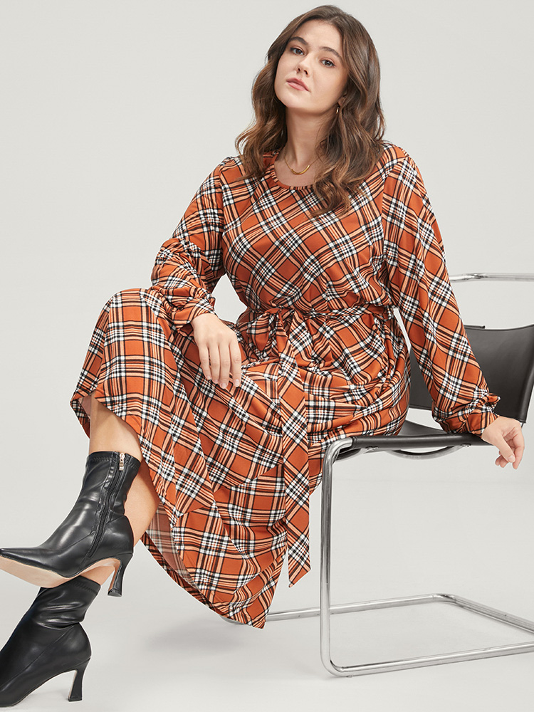 

Plus Size Tartan Round Neck Pocket Belted Midi Dress Chocolate Women Elegant Belted Round Neck Long Sleeve Curvy Midi Dress BloomChic