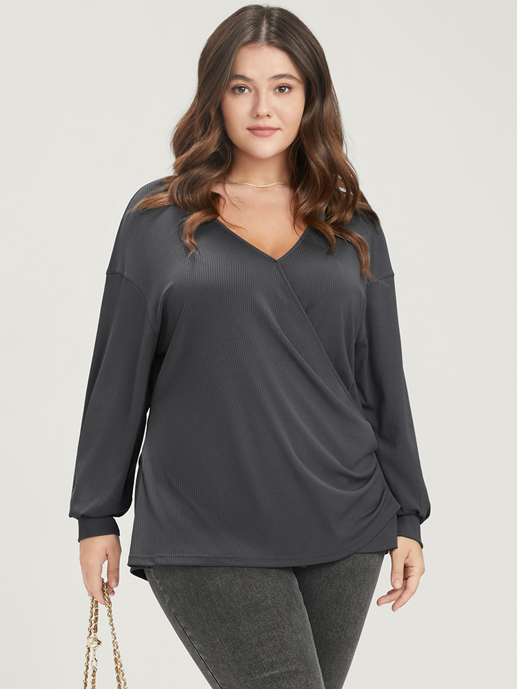 Plus Size Women Dailywear Plain Wrap Loose Regular Sleeve Long Sleeve V-neck Elegant Sweatshirts BloomChic 