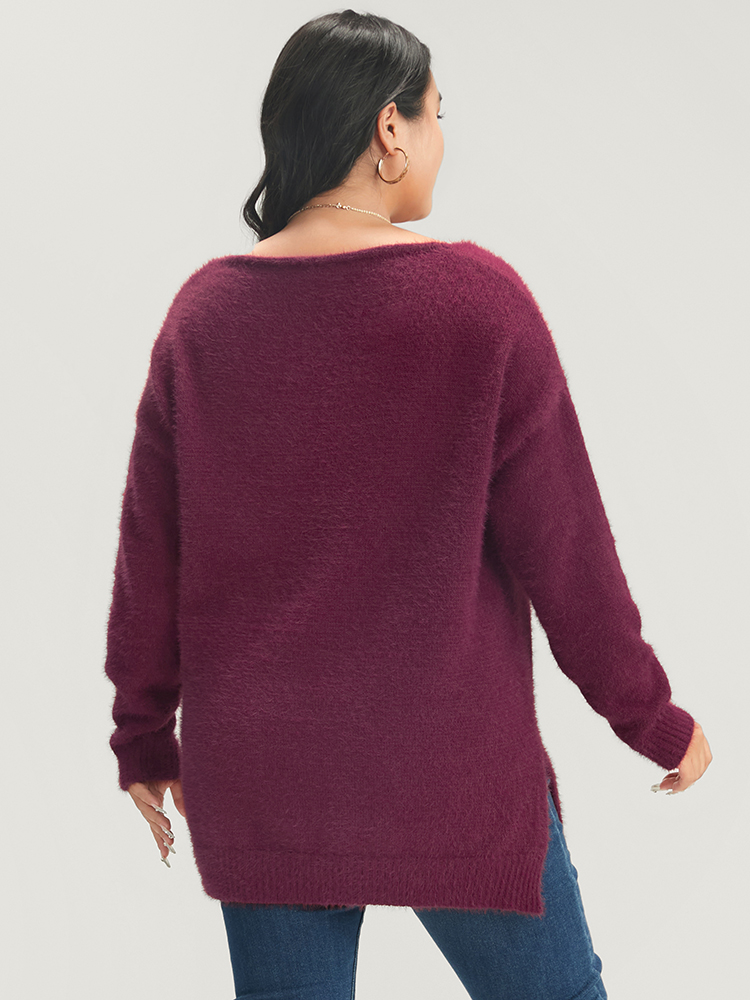 Plus Size Solid Super Soft Plush Knit Split Hem Heather Knit Top Eggplant Women Elegant Loose Long Sleeve Deep V-neck Dailywear Pullovers BloomChic 14-16/1X 