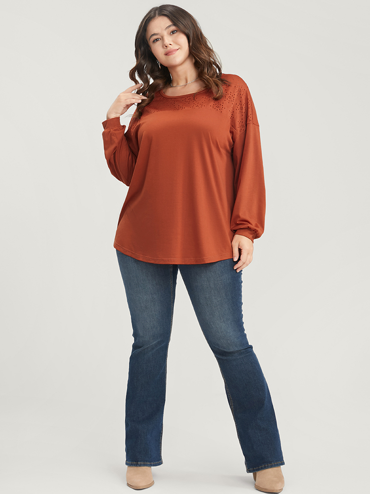 

Plus Size Solid Round Neck Eyelet Insert Long Tee Rust Women Casual Patchwork Plain Round Neck Dailywear T-shirts BloomChic