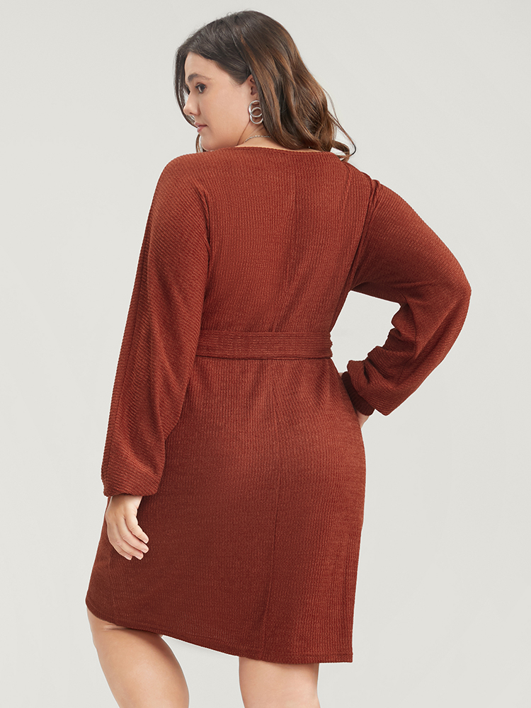 

Plus Size Solid Surplice Neck Belted Knit Dress Russet Women Glamour Cross straps V-neck Long Sleeve Curvy Knee Dress BloomChic