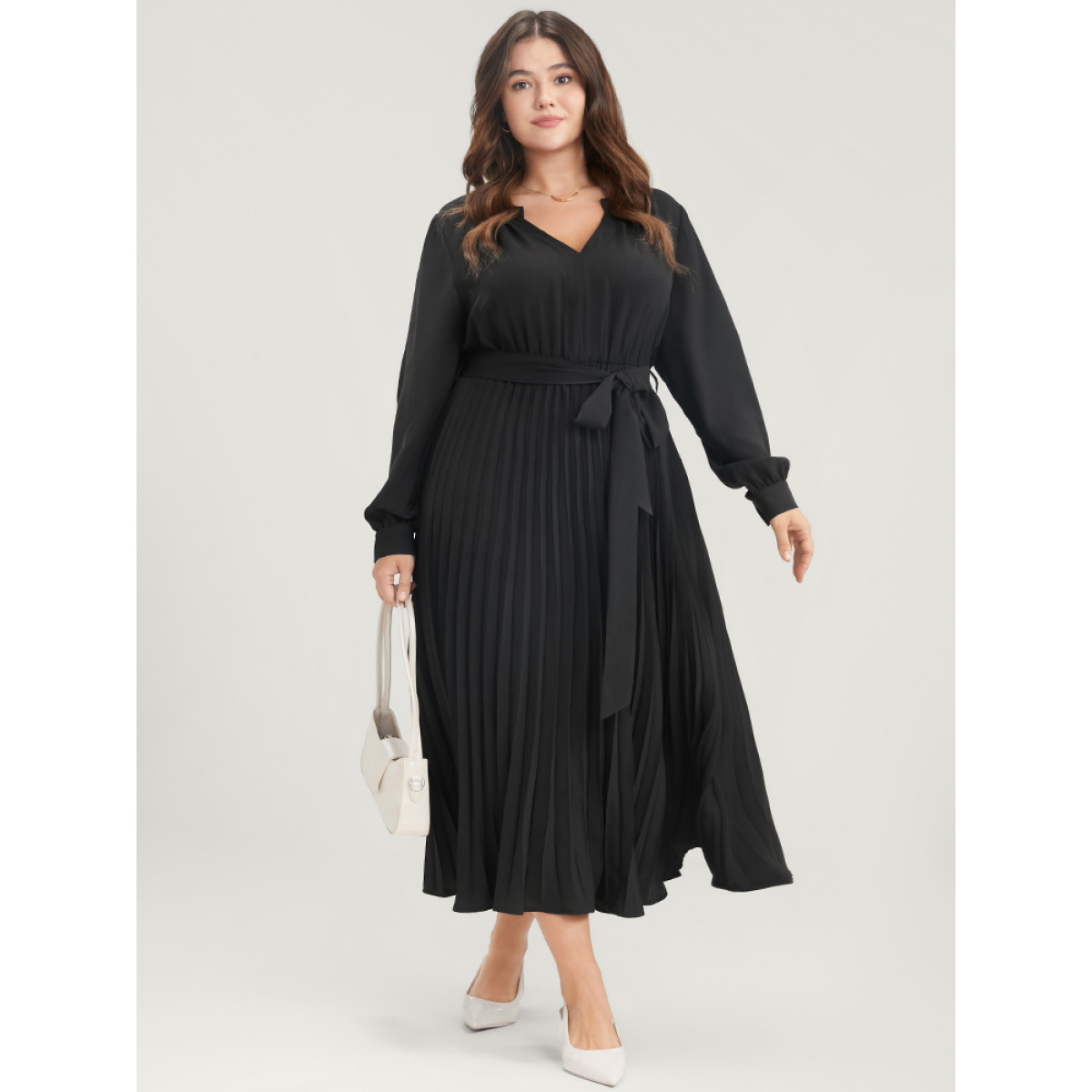 Plus Size Solid V Neck Belted Pleated Midi Dress Black Women Office Belted V-neck Long Sleeve Curvy Midi Dress BloomChic