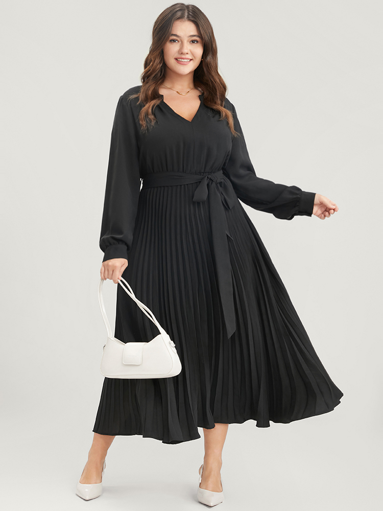 

Plus Size Solid V Neck Belted Pleated Midi Dress Black Women Office Belted V-neck Long Sleeve Curvy Midi Dress BloomChic