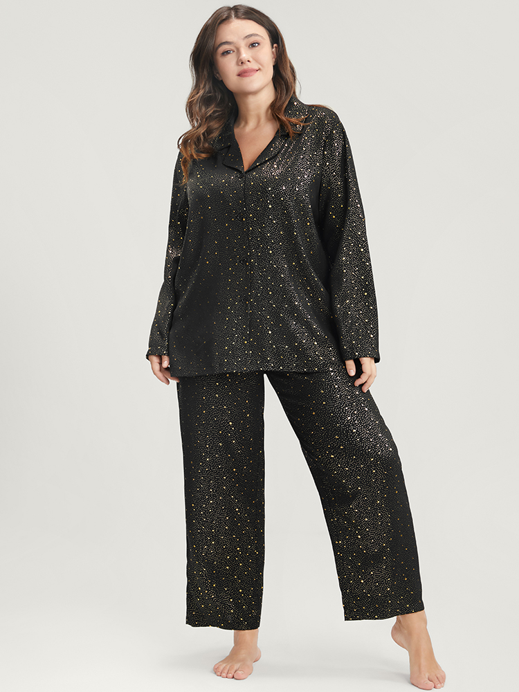 Plus Size Women Dailywear Moon and Star Printed Regular Sleeve Long Sleeve Suit Collar Casual Loungewear BloomChic 