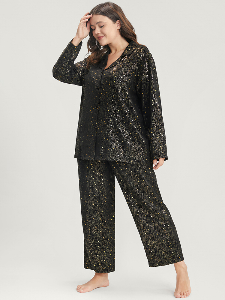 Plus Size Women Dailywear Moon and Star Printed Regular Sleeve Long Sleeve Suit Collar Casual Loungewear BloomChic 