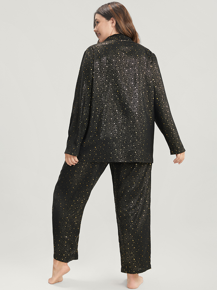 

Plus Size Moon And Star Suit Collar Button Up Pajama Set Women Black Moon and Star Printed Long Sleeve Suit Collar Casual Loungewear Sets BloomChic