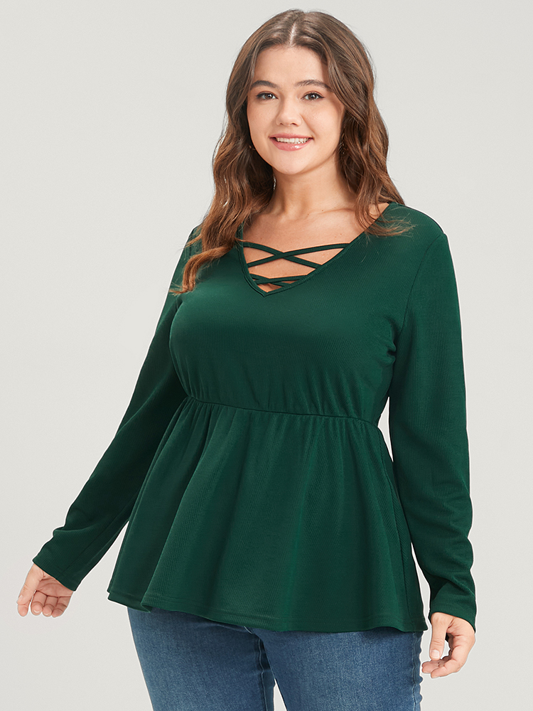 

Plus Size Solid Crisscross V Neck Flutter Hem Long Tee DarkGreen Elegant Jersey Tops