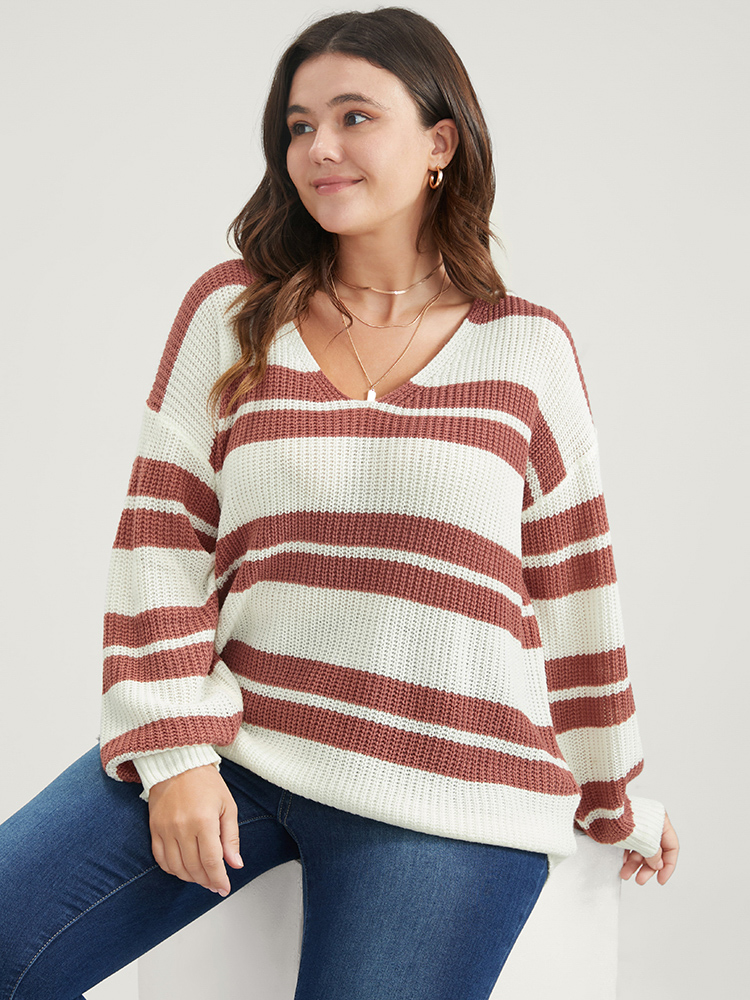 Plus Size Striped Contrast Pointelle Knit Lantern Sleeve Knit Top White Women Casual Loose Long Sleeve V-neck Dailywear Pullovers BloomChic 14-16/1X 