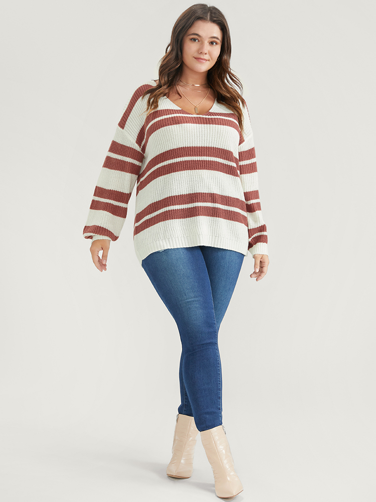 Plus Size Striped Contrast Pointelle Knit Lantern Sleeve Knit Top White Women Casual Loose Long Sleeve V-neck Dailywear Pullovers BloomChic 14-16/1X 