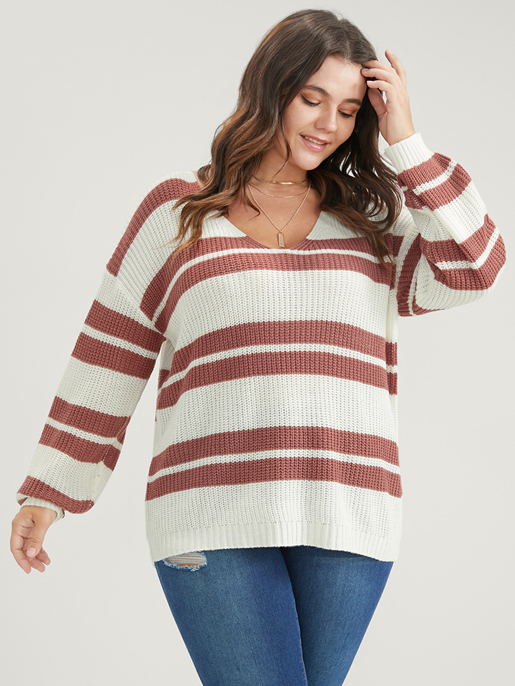 Plus Size Striped Contrast Pointelle Knit Lantern Sleeve Knit Top White Women Casual Loose Long Sleeve V-neck Dailywear Pullovers BloomChic 14-16/1X 
