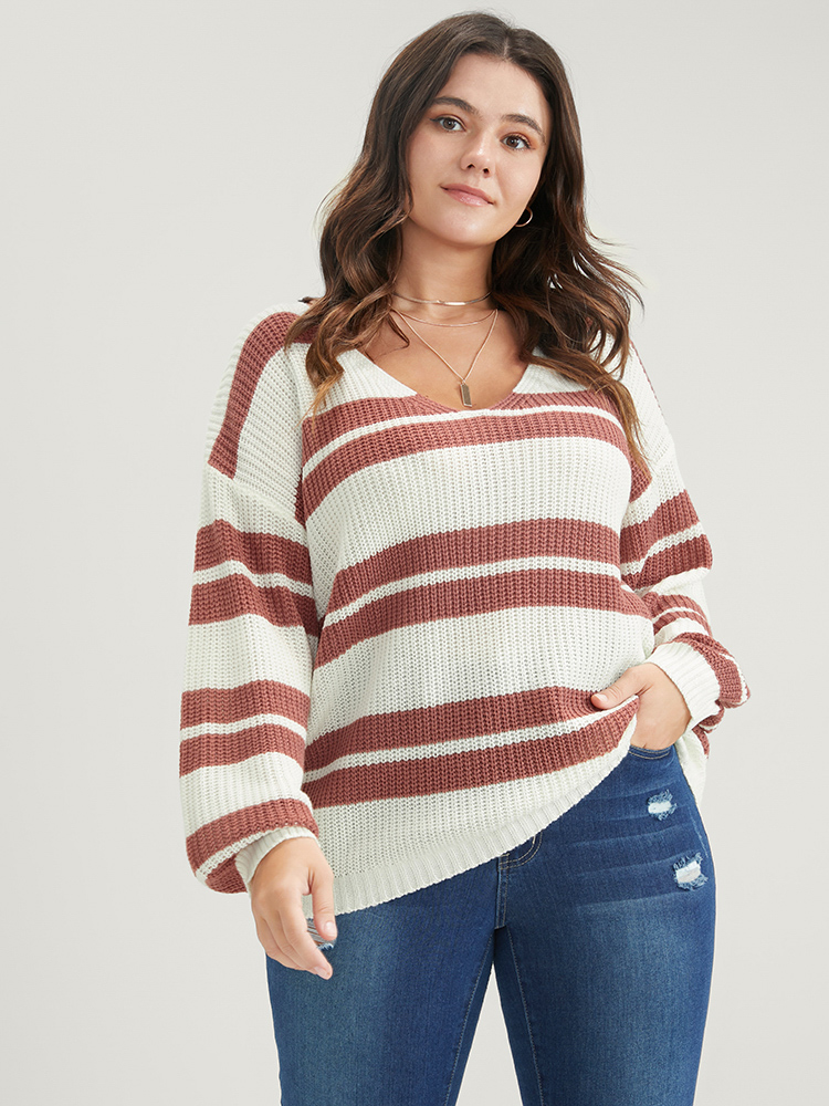 

Plus Size Striped Contrast Pointelle Knit Lantern Sleeve Knit Top White Women Casual Loose Long Sleeve V-neck Dailywear Pullovers BloomChic